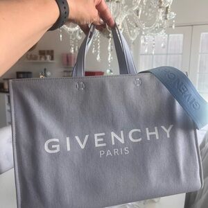 Givenchy Light Gray Canvas Logo Tote with Blue Strap